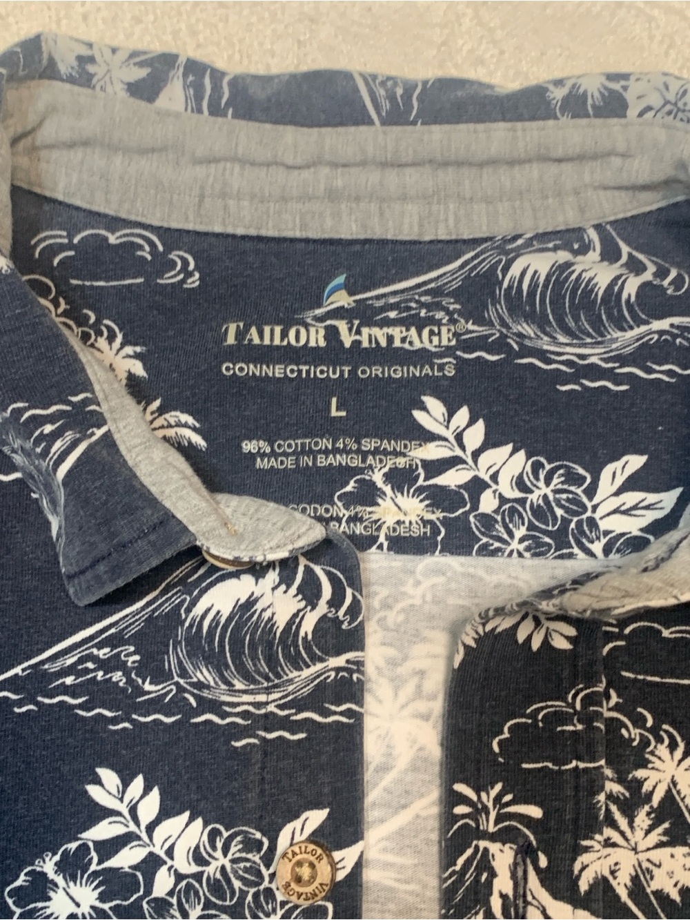 Tailor Vintage Navy and White Hawaiian Floral Button-Down Shirt